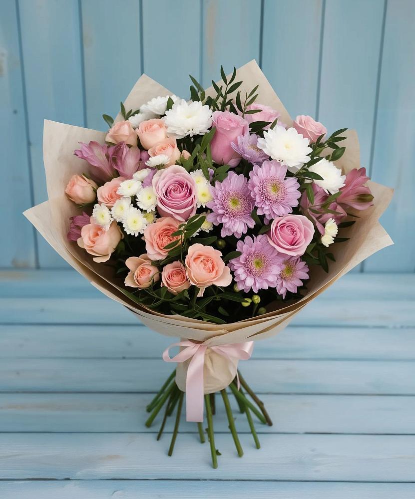 Букет цветов из: Хризантемы, Розы и Альстромерии в Гдове