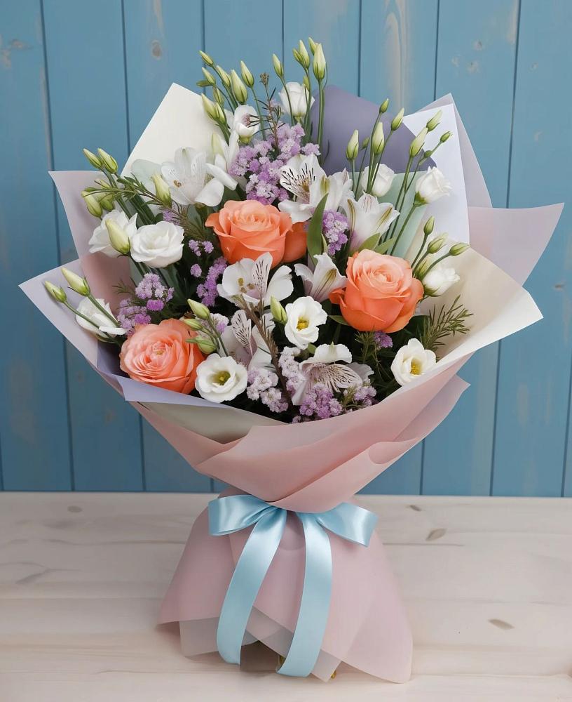 Букет цветов из: Лизиантусы, Розы, Альстромерии и Гипсофила в Гдове