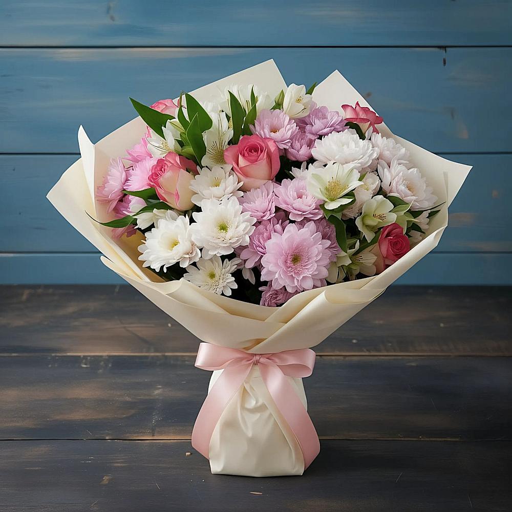 Букет цветов из: Хризантемы, Альстромерии и Розы в Гдове